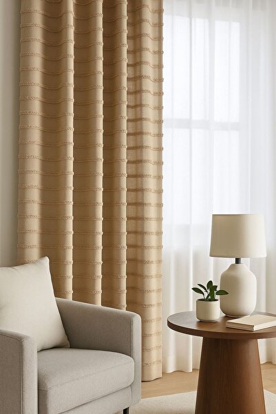 Lucra Concept Bohem Düz Saçaklı Lüx Keten Fon Perde 1/3 Sık Pile (Tek Kanat)