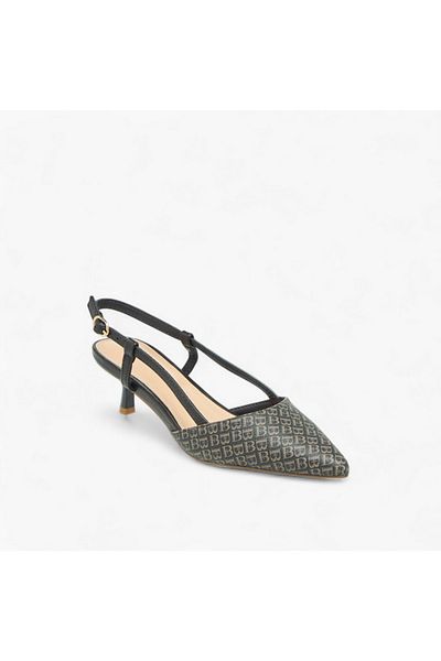 Flora Bella by Shoexpress Flora Bella Monogram Print Pointed Toe Shoes with Kitten Heels and Buckle Closure