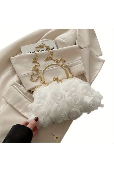 TChic Women's White Satin Rose Detailed Stylish Bag with Chain and Hand Strap