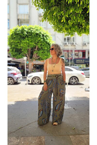 İzmirli Boutique Şal Desenli Keten Pantolon