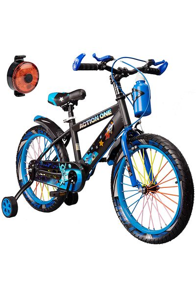 ACTION ONE Bicicleta copii 5-7 ani cu far spate inclus, roti ajutatoare si bidon Genesis II, 16 inch, albastru