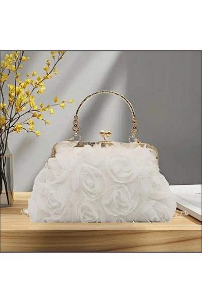 TChic Women's White Satin Rose Detailed Stylish Bag with Chain and Hand Strap