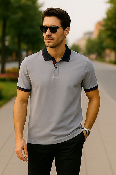 UOMOPARK 2988-1 Cotton Polo Neck Regular Fit T-Shirt with Collar and Cuff Detail