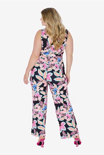 Şans Women's Plus Size Colorful, Stand Collar, Floral Patterned Waist Elastic Jumpsuit 65N38986