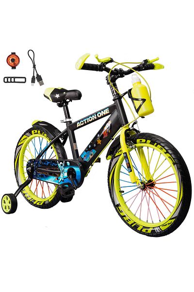 ACTION ONE Bicicleta copii 5-7 ani cu far spate inclus, roti ajutatoare si bidon Genesis II, 16 inch,verde neon