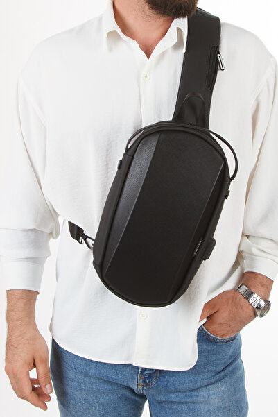 Newish Men's Black Vegan Leather Crossbody Shoulder and Waist Bag