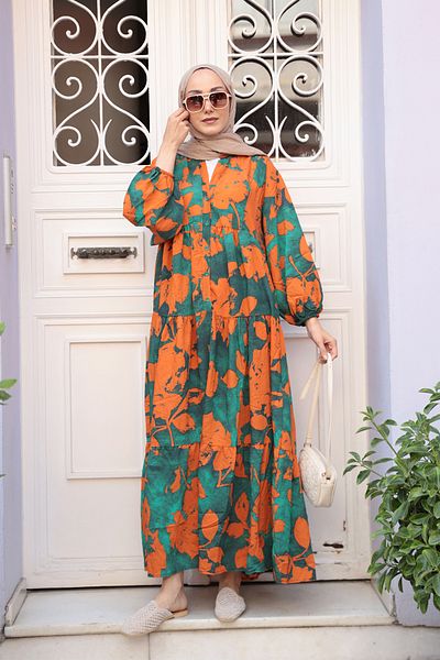 LOCCO Women's Mixed Leaf Pattern Dress Orange