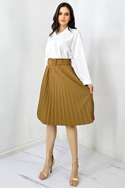 FashionForYou Fusta plisata eleganta Carmen, curea de aceeasi culoare inclusa...