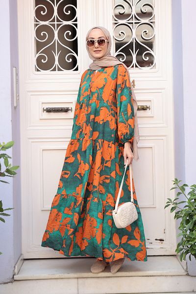 LOCCO Women's Mixed Leaf Pattern Dress Orange