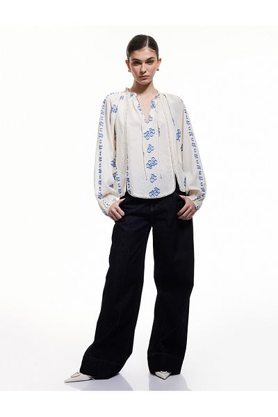 Koton Cotton Tie-Up Neckline Long Balloon Sleeve Scalloped Floral Blouse