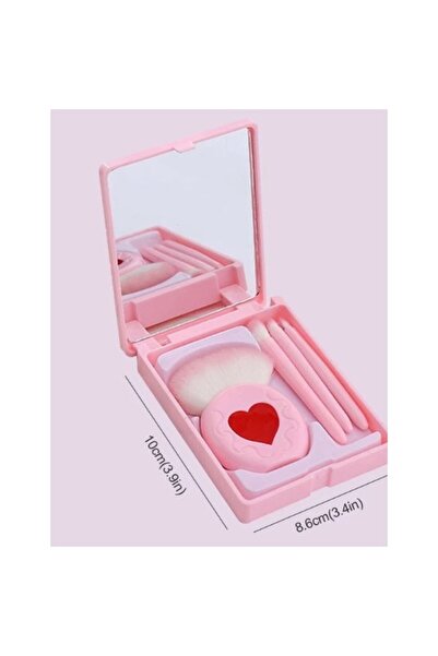 Flippy Set of 4 Mini Portable Makeup Brushes with Mirror Case, Soft Synthetic Hair, Pink, Heart Design, 12x