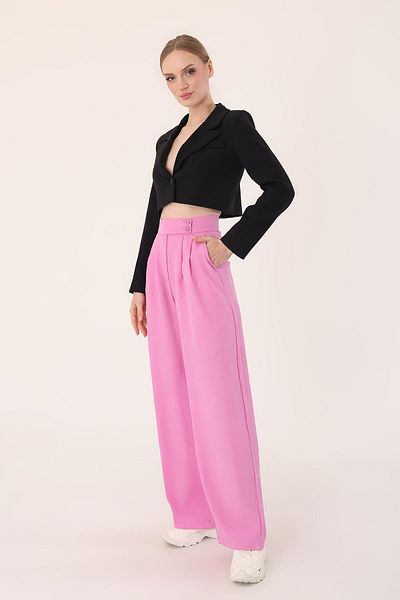 Hazel Women's Pink Double Button Linen Palazzo Trousers