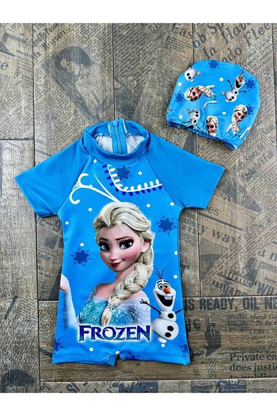 gnygiyim Girl's Character Patterned Jumpsuit Swimsuit with Hidden Zipper and Belt