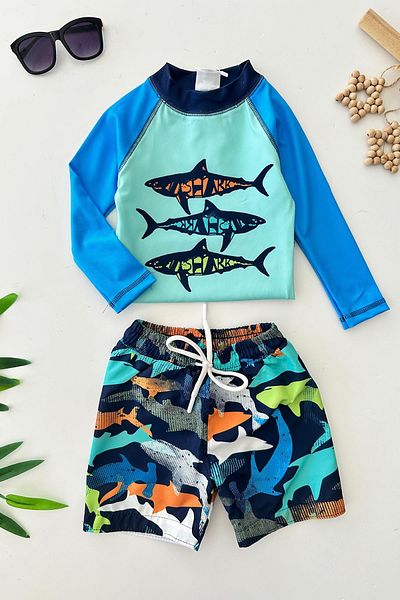 Minigimin Cicileri My Little Cicileri Fish Printed Long Sleeve Boy's Swimsuit Set - Blue