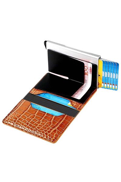 iUni P1 RFID Wallet, 8 cards, Crocodile Print Brown