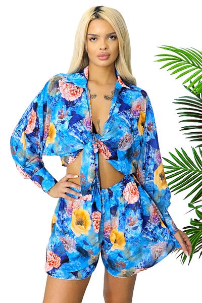 FashionForYou Ținută de vară AdeLLa, cu o cămașă lejeră și pantaloni scurți, Albastru, Mărime S/M