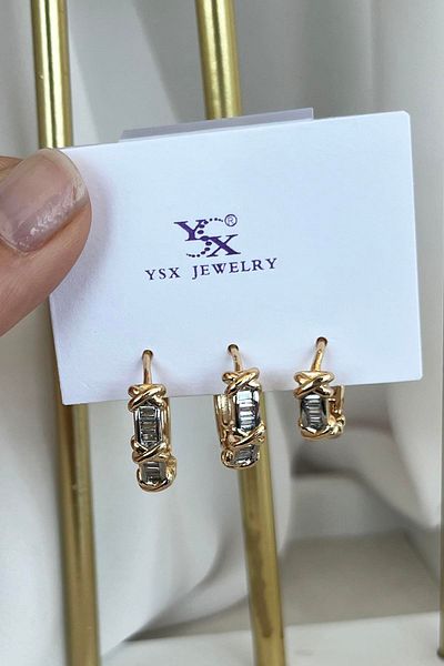 TAKIŞTIR مجموعة أقراط YSX VIP مكونة من 3 قطع باللونين الفضي والذهبي مع تفاصيل حجرية