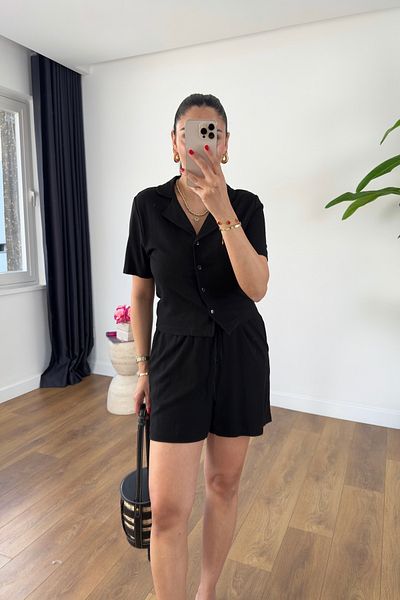BİRCANÇİL Melvin Black Linen Shirt Shorts Set