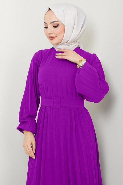 hafsamina Belted Pleated Aerobin Dress Lilac Hm2339