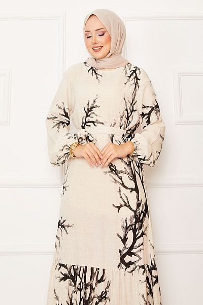 EBRUTESETTÜR Linen Patterned Dress with Belted Waist