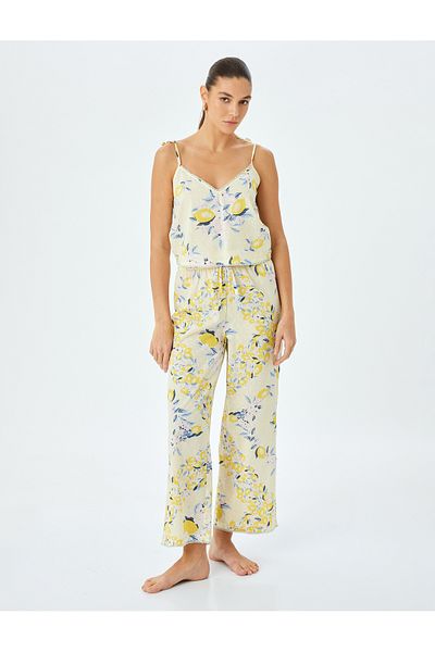 Koton V-Neck Thin Strap Lemon Printed Cotton Pajama Top