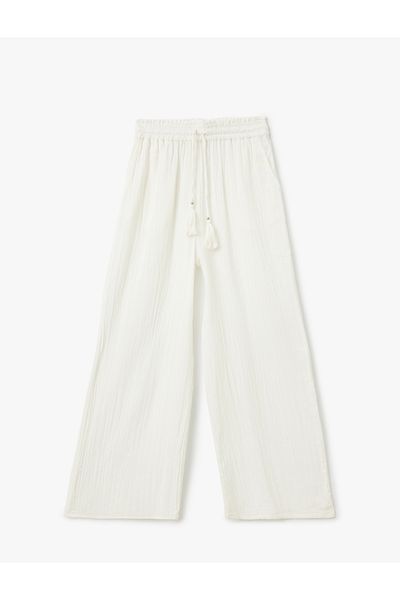 Koton Cotton Wide Leg Muslin Trousers with Elastic Waist and Tie Pockets