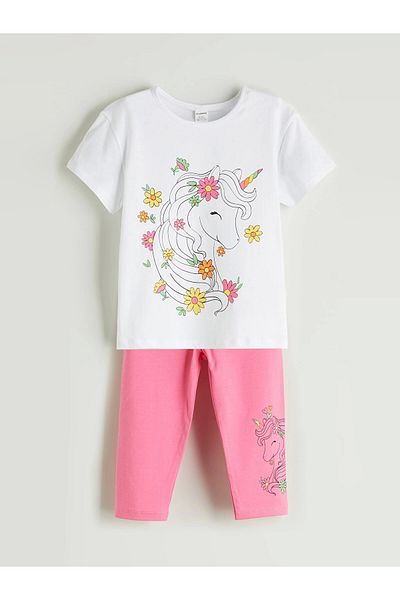LC Waikiki Lcw Kids White Crew Neck Printed Girls' T-Shirt and Leggings 2-Piece