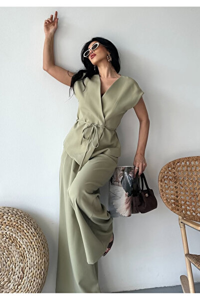 pembekurdelem Kadın Oversize Bağlamalı Yelek Pantolon Takım Haki