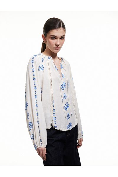 Koton Cotton Tie-Up Neckline Long Balloon Sleeve Scalloped Floral Blouse