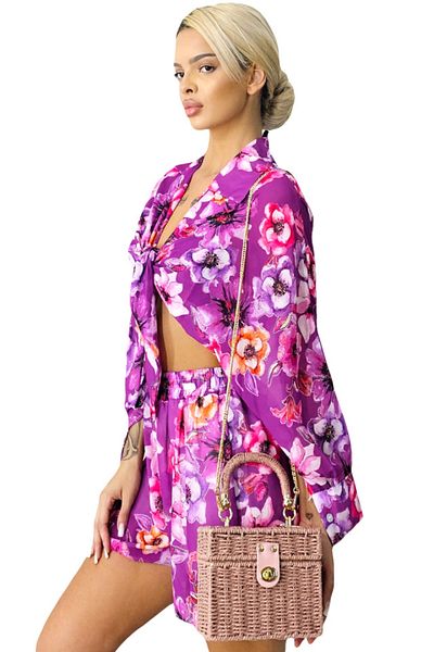 FashionForYou AdeLLa summer outfit, with a flowy shirt and shorts, Purple, Size S/M