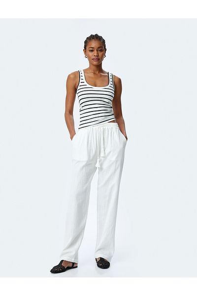 Koton Cotton Comfortable Fit Waist Lace-Up Muslin Trousers with Pockets