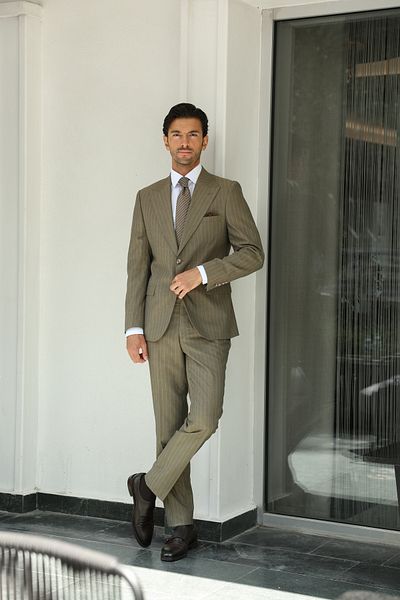 AEK FIORE Men's Khaki Striped Suit