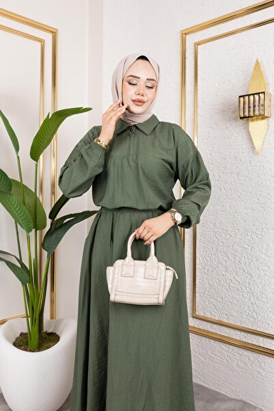 HARMAN BUTİK Women's Zipper Detailed Khaki Strawberry Fabric Suit