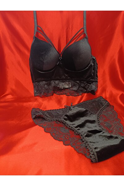 Butik SİYAH KADİFE DESTEKLİ DANTEL BÜSTİYER SÜTYEN TAKIMI