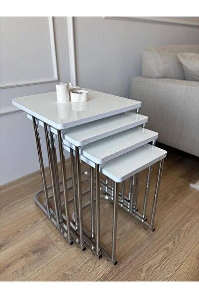 BAŞARAN CONCEPT Metal MDF Tekerlekli Beyaz Zigon Sehpa Beyaz