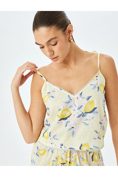 Koton V-Neck Thin Strap Lemon Printed Cotton Pajama Top
