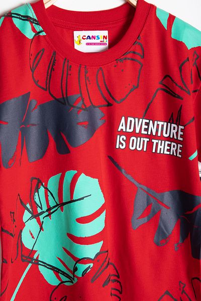 Cansın Mini Red Leaf Printed Crew Neck Boy's 2-Piece Shorts Suit 21060