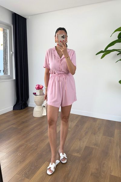 BİRCANÇİL Melvin Pink Linen Shirt Shorts Set