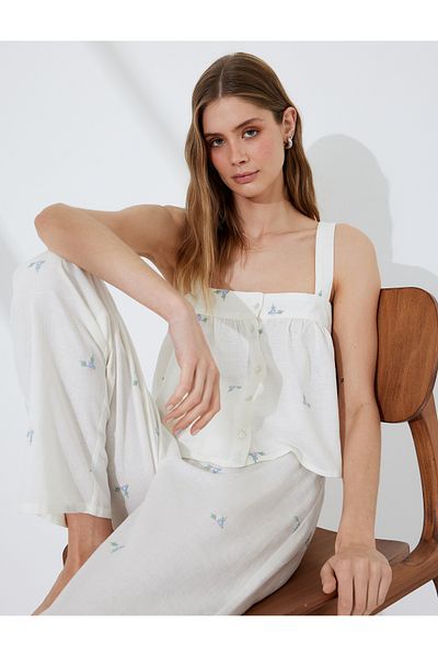 Koton Cotton-Linen Blend Suspender Flower Embroidered Crop Pajama Top