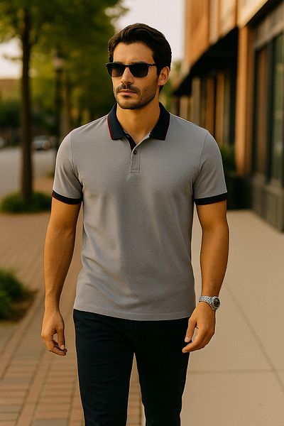 UOMOPARK 2988-1 Cotton Polo Neck Regular Fit T-Shirt with Collar and Cuff Detail