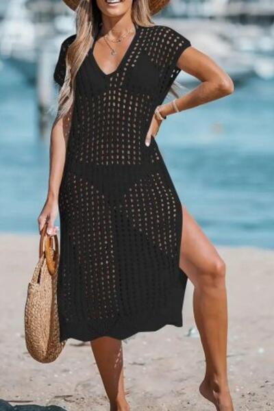 Mossta فستان تريكو متوسط ​​الطول بفتحة عميقة ورقبة على شكل حرف V - أسود