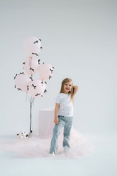 PartyPoo Pink Balloon Set with Black Bow Ribbon – Party Decor Bow Balloon for Birthday & Baby Shower