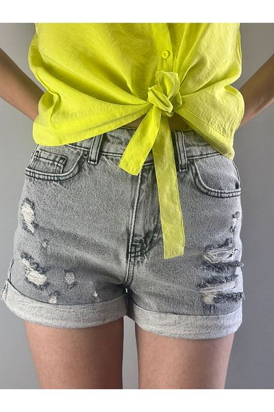 Gönülden Tasarım High Waist Women's Jean Shorts with Slit Front