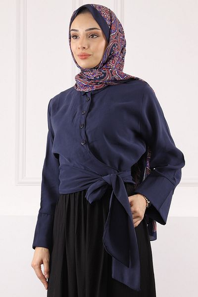 İmajButik Πουκάμισο Modal με μπλε ναυτικό δεμένο στη μέση