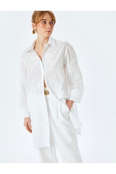 Koton Cotton Floral Embroidery Detailed 3/4 Sleeve Shirt Collar Long Oversize Tunic