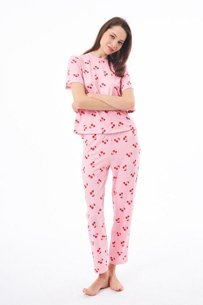 Cottonhill Premium Women's Pajama Set Cherry Pattern Soft Textured Short Sleeve Crew Neck