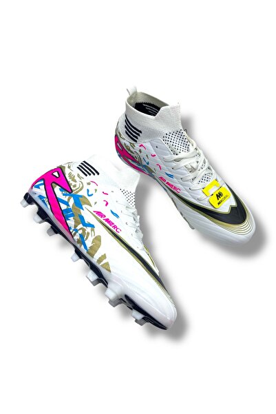 güneşayakkabı Çoraplı Unisex Krampon Halısaha & Çimsaha Ayakkabı Beyaz Fuşya Desenli