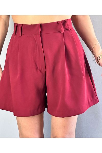 Gönülden Tasarım Bordo Pleated High Waist Women's Viscose Pocket Shorts