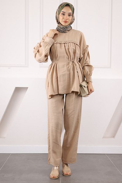 İmajButik Σετ Modal με παντελόνι με κορδόνι μέσης βιζόν