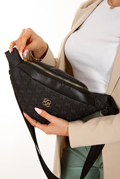 Newish Női mintás, keresztben átnyúló vállpántos derék- és válltáska - fekete